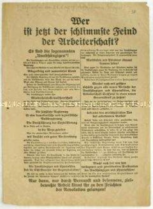 Flugblatt der SPD gegen die USPD und zum Belagerungszustand in Sachsen
