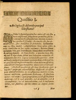 Quaestio I. An logica sit discenda praecipue Christianis?
