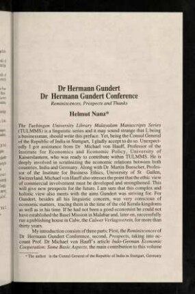 XXVII-XXXIII, Dr. Hermann Gundert: Dr. Hermann Gundert Conference