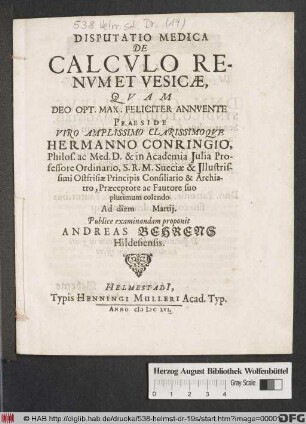 Disputatio Medica De Calculo Renum Et Vesicae