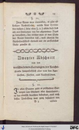 Zweyter Abschnitt von den verschiedenen Gattungen der Reichsstände hauptsächlich aber von den Kurfürsten, Fürsten, und Reichsstädten.