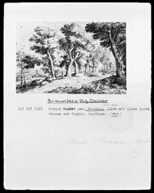 Allee mit alten Laubbäumen und figürlicher Staffage