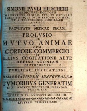 Prolusio de mutuo animae cum corpore commercio, et illius cogitatione alte defixa agoniam protrahente