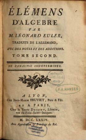 Élémens D'Algebre, 2. De L'Analyse Indéterminée