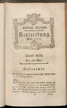 Zehntes Stück; Den 5ten März. Wien, 1776.
