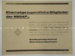 Maueranschlag mit dem Aufruf an ehemalige jugendliche NSDAP-Mitglieder, in der Freien Deutschen Jugendbewegung mitzuarbeiten