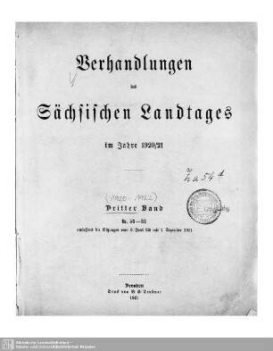 1. Wahlper. 3.1920/22: Verhandlungen des Sächsischen Landtages
