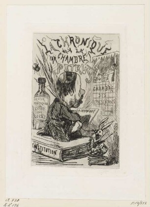 Chronist mit einer großen Feder, Titelblatt aus: Pétrus, "La chronique à la chambre", Brüssel 1870