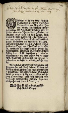 Nachdeme der in den Hoch-Fürstlich-Bayreuthischen Landen befindlichen Verwittibten von Reizenstem Diener ... durchgegangen, und ihr ein Diamantenes Ohren-Gehäng à 200 Rthlr. ... mitgenommen ... : Onolzbach, den 18. Januarii, Anno 1719.