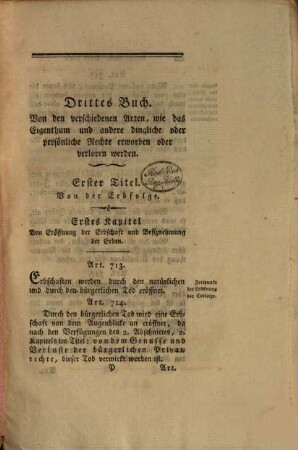 Allgemeines Bürgerliches Gesezbuch für das Königreich Baiern, [2]. Drittes Buch, I. und II. Titel, und des III. Titels 1. 2. 3. und 4. Kapitel