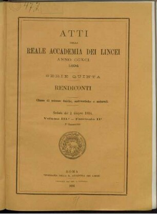 Seduta del 2 Giugno 1894. Volume III. - Fascicolo 11.