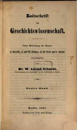 Zeitschrift für Geschichtswissenschaft. 1. 1844