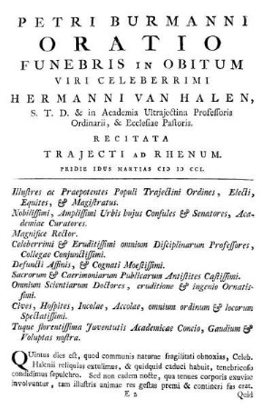 Oratio Funebris In Obitum Viri Celeberrimi Hermanni Van Halen, [...]