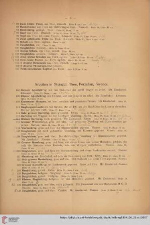 Arbeiten in Steingut, Thon, Porzellan, Fayence (Nr. 108-189)