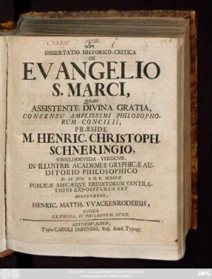 Dissertatio Historico-Critica De Evangelio S. Marci