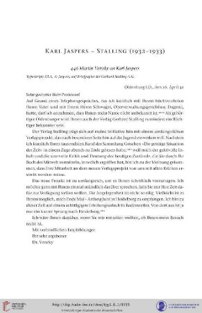 Karl Jaspers – Stalling (Gerhard Stalling A.G. Verlagsbuchhandlung, Oldenburg) 1932–1933