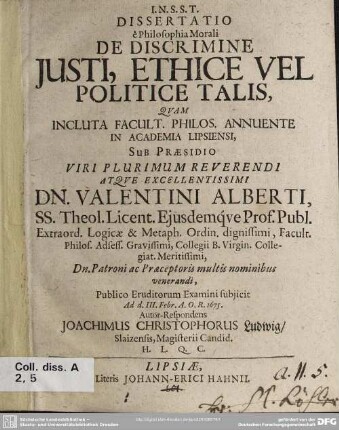 Dissertatio e philosophia morali de discrimine justi, ethice vel politice talis