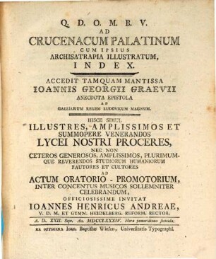Crucenacum Palatinum Cum Ipsius Archisatrapia Illustratum, [9]. Crucenacum Palatinum Cum Ipsius Archisatrapia Illustratum, Index