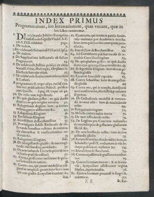 Index Primus Programmatum, seu Intimationum, quas vocant, quae in hoc Libro continentur.