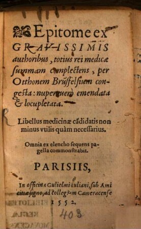 Epitome Medices Summam totius medicinae Complectens