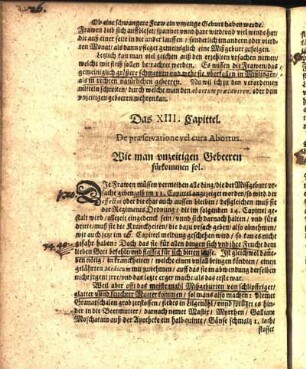 Das XIII. Capittel. De præservatione vel cura Abortus. Wie man vnzeitigen Gebeeren fürkommen sol.