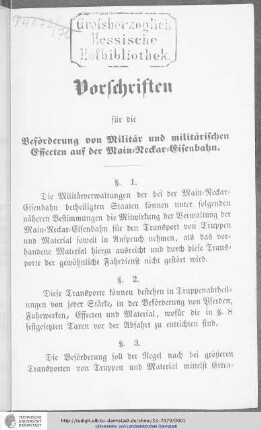 Vorschriften für die Beförderung von Militär und militärischen Effecten auf der Main-Neckar-Eisenbahn