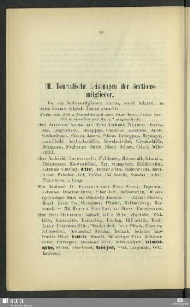 III. Touristische Leistungen der Sectionsmitglieder