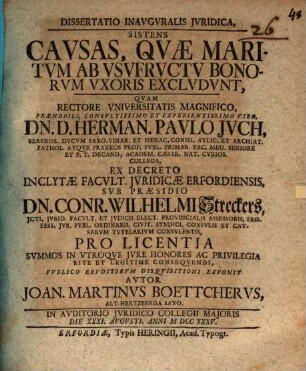 Dissertatio Inavgvralis Jvridica, Sistens Cavsas, Qvæ Maritvm Ab Vsvfrvctv Bonorvm Vxoris Exclvdvnt
