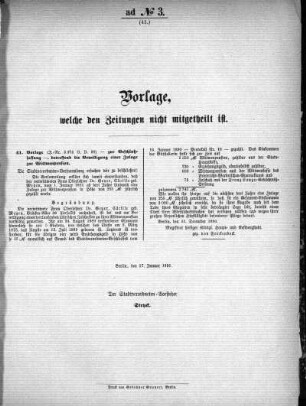 Anlage: ad No.3 (41.), Vorlagen, welche den Zeitungen nicht mitgeteilt sind