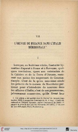 VII. L'œuvre de Byzance dans l'Italie méridionale