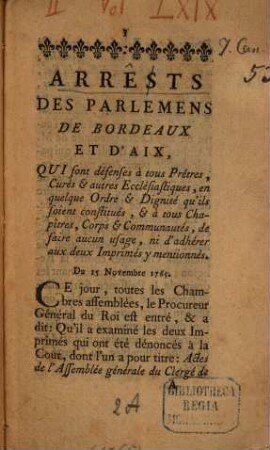Arrêts des Parlemens de Bordeaux et d'Aix : du 15. Nov. 1765