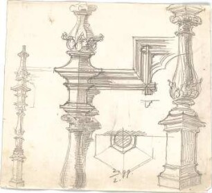 Hauberrisser, Georg von; u. a. Deutschland; Italien; Österreich; Skizzen - Säulen (Teilansicht, Perspektiven); Teilgrundriss; Details