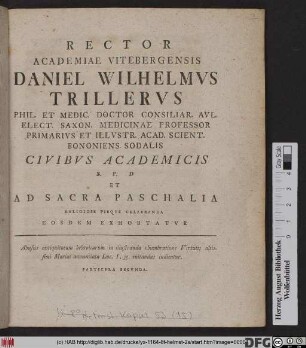 Rector Academiae Vitebergensis Daniel Wilhelmvs Trillervs Phil. Et Medic. Doctor Consiliar. Avl. Elect. Saxon. Medicinae Professor Primarivs ... Civibvs Academicis S.P.D Et Ad Sacra Paschalia Religiose Pieqve Celebranda Eosdem Exhortatvr : Abusus antiquitatum hebraicarum in illustranda obumbratione Virtutis altissimi Mariae annunciata Luc. I, 35. euitandus indicatur. Particvla Secvnda