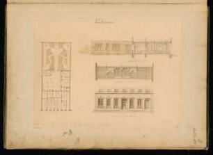 Konditorei Monatskonkurrenz Februar 1850: Grundriss Erdgeschoss mit Garten, Aufriss Straßenansicht, einer Innenwand, Längsschnitt; Maßstabsleiste