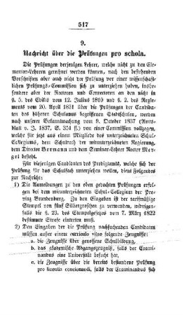 Nachricht über die Prüfungen pro schola