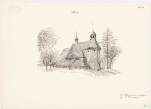 Holzkirche, Pniow: Perspektivische Ansicht (aus: Die Holzkirchen und Holztürme der preußischen Ostprovinzen)