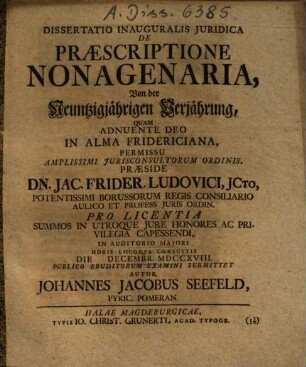 Diss. inaug. iur. de praescriptione nonagenaria