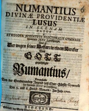 Numantius : Divinae Providentiae Lusus ; [Periocha Landsperg]