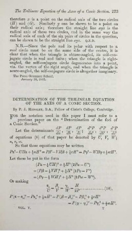 Determination of the trilinear equation of the axes of a conic section.