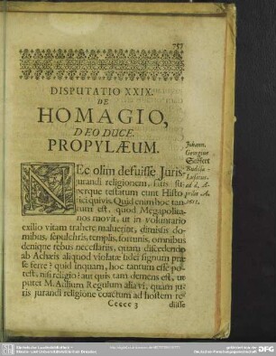 Disputatio XXIX. De Homagio, Deo Duce