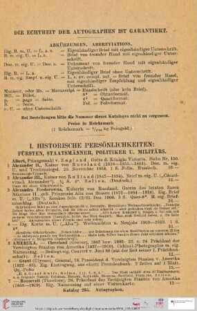 I. Historische Persönlichkeiten: Fürsten, Staatsmänner, Politiker u. Militärs (Nr. 1 - 165)