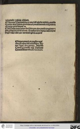 Finiunt exempla de gaudiis regni celorum et aliorum trium novissimorum denuo sagaci cura correcta. Impressa Colonie per honestum virum Henricum Quentell anno domini M.CCCCC.