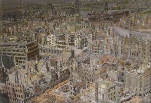 Dresden. Blick vom Rathausturm nach Nord-Nordwesten über die Trümmerlandschaft mit Residenzschloß und Hofkirche