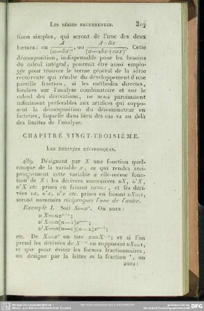 Chapitre vingt - troisième. Les Dérivées réciproques