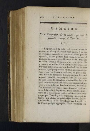 Mémoire sur l'opération de la taille, suivant le procédé corrigé d'Haukins.