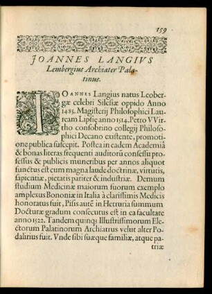 Ioannes Langius Lembergius Archiater Palatinus.