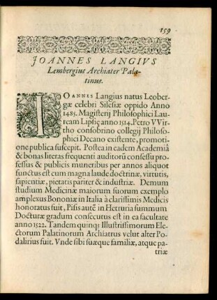 Ioannes Langius Lembergius Archiater Palatinus.