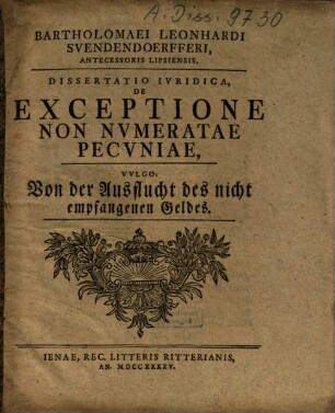 De exceptione non numeratae pecuniae, vulgo Von der Ausflucht des nicht empfangenen Geldes