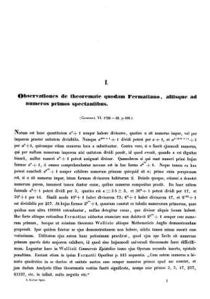 I. Observationes de theoremate quodam Fermatiano, aliisque ad numeros primos spectantibus.