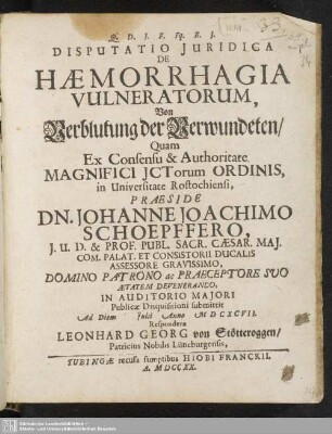 Disputatio Iuridica De Haemorrhagia Vulneratorum, Von Verblutung der Verwundeten
